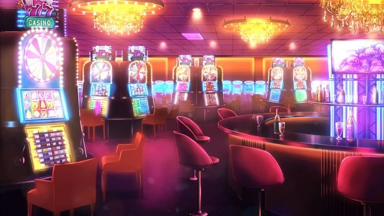 Màn hình game slot online đầy màu sắc với cuộn quay và hiệu ứng neon tại okvipau